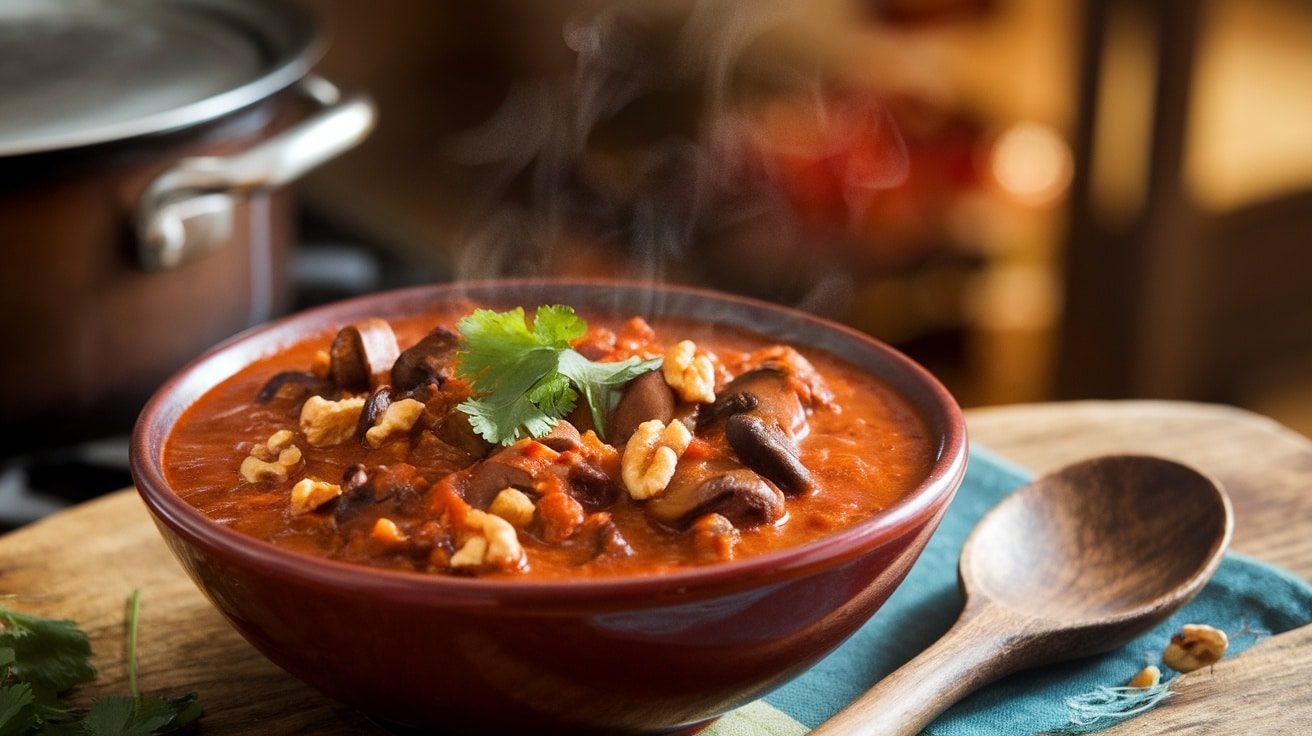 Hearty Mushroom and Walnut Chili Recipe A bowl of mushroom and walnut chili garnished with cilantro, on a wooden table with a spoon.