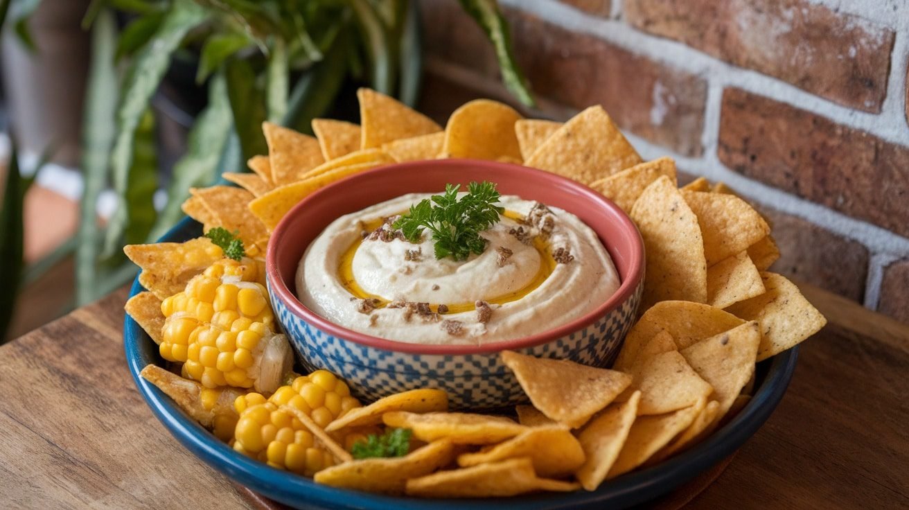 Savory Grilled Corn and Truffle Aioli Dip A bowl of creamy Grilled Corn and Truffle Aioli Dip with tortilla chips, garnished with parsley, on a wooden table.