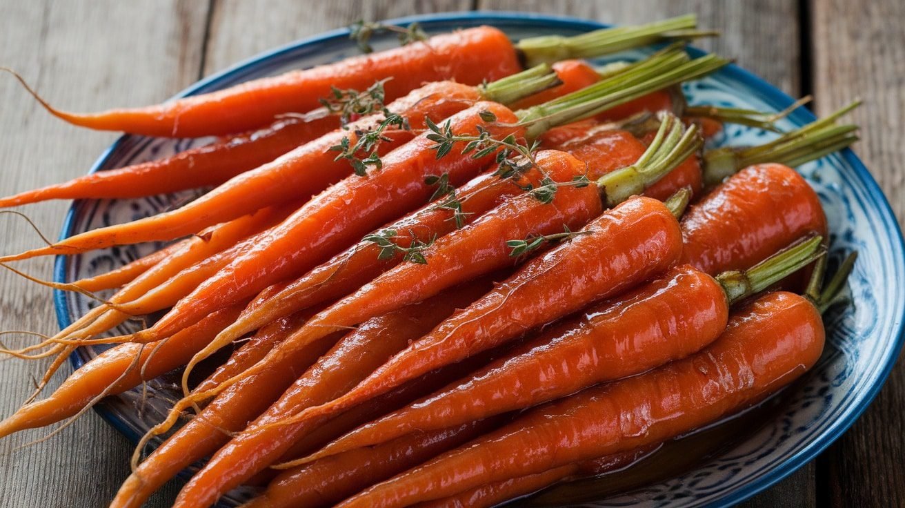 Sweet and Savory Honey Brown Sugar Roasted Carrots A dish of sweet honey brown sugar roasted carrots garnished with thyme, on a rustic table.