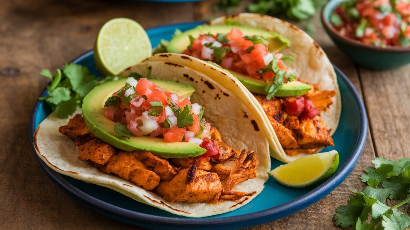 Spicy Chicken Tacos with Fresh Salsa A colorful plate of chicken tacos with fresh toppings, lime wedges, and salsa on a wooden table.