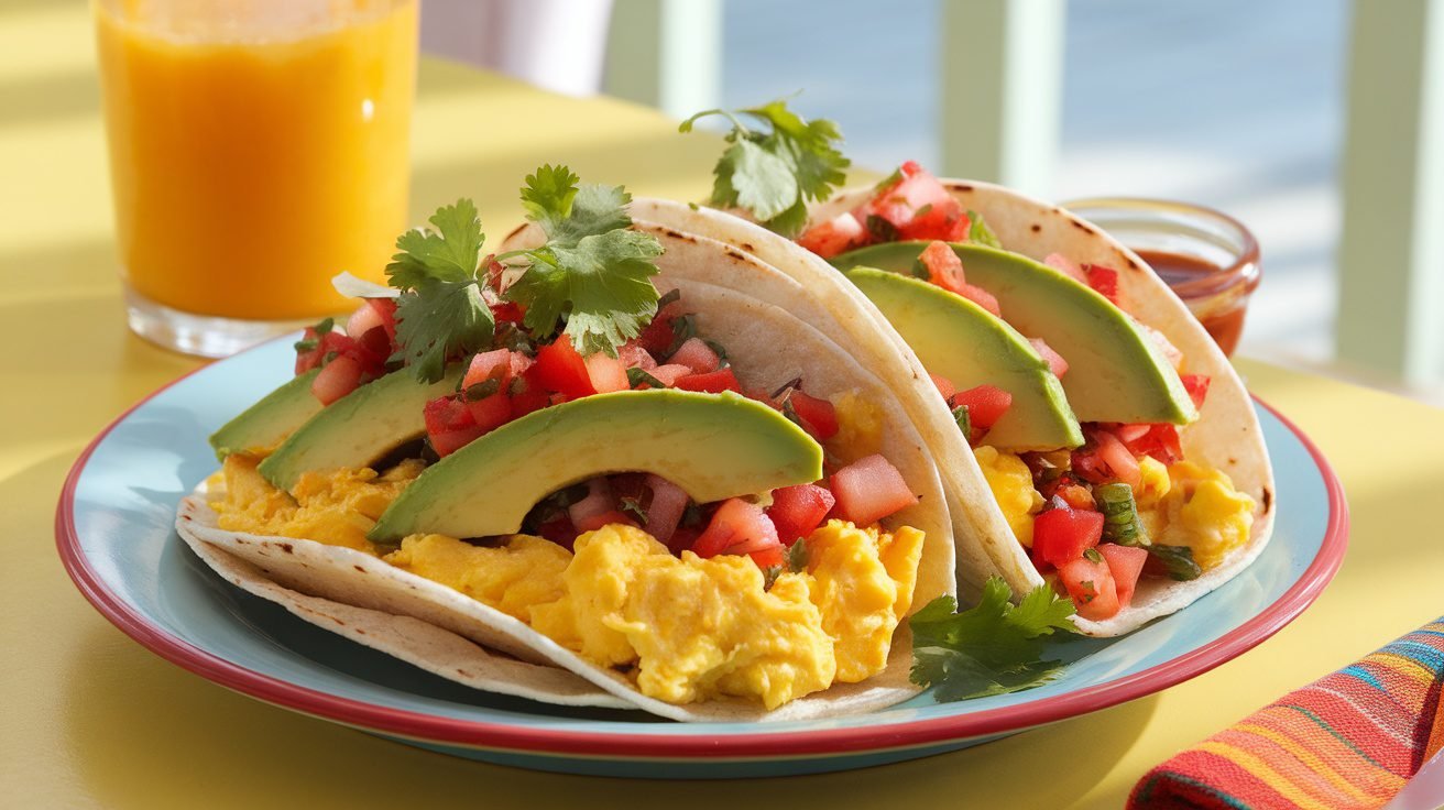 Savory Breakfast Tacos with Eggs and Avocado A vibrant plate of breakfast tacos with eggs, avocado, and salsa, garnished with cilantro.