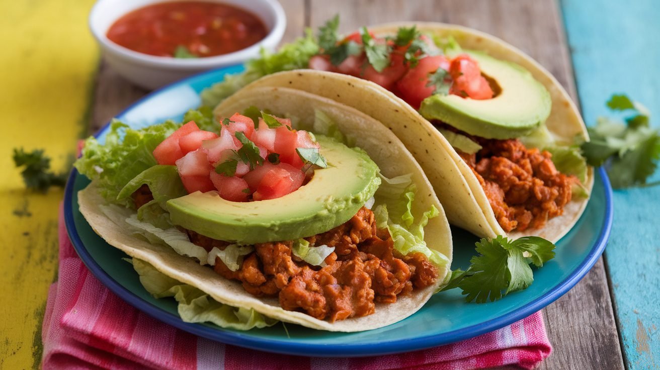 Delicious Soya Tacos Recipe A plate of delicious soya tacos filled with fresh toppings, served with salsa on a wooden table.