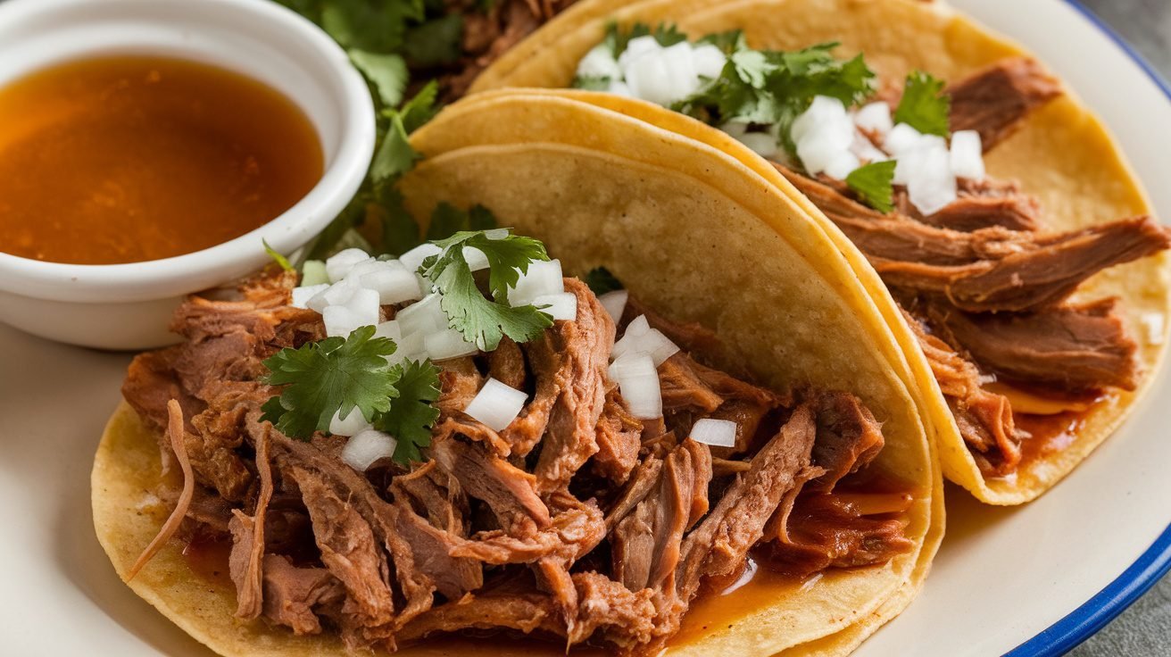 Savory Birria Tacos Recipe Plate of birria tacos with crispy tortillas, shredded meat, cilantro, onions, and a bowl of consomé on the side.