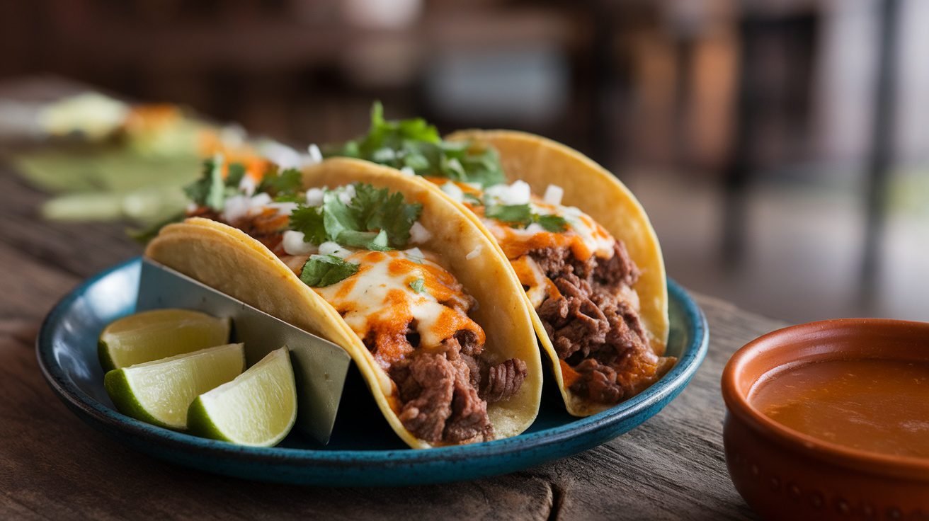 Plate of Queso Birria Tacos with beef and cheese, garnished with cilantro and onions, served with lime wedges.