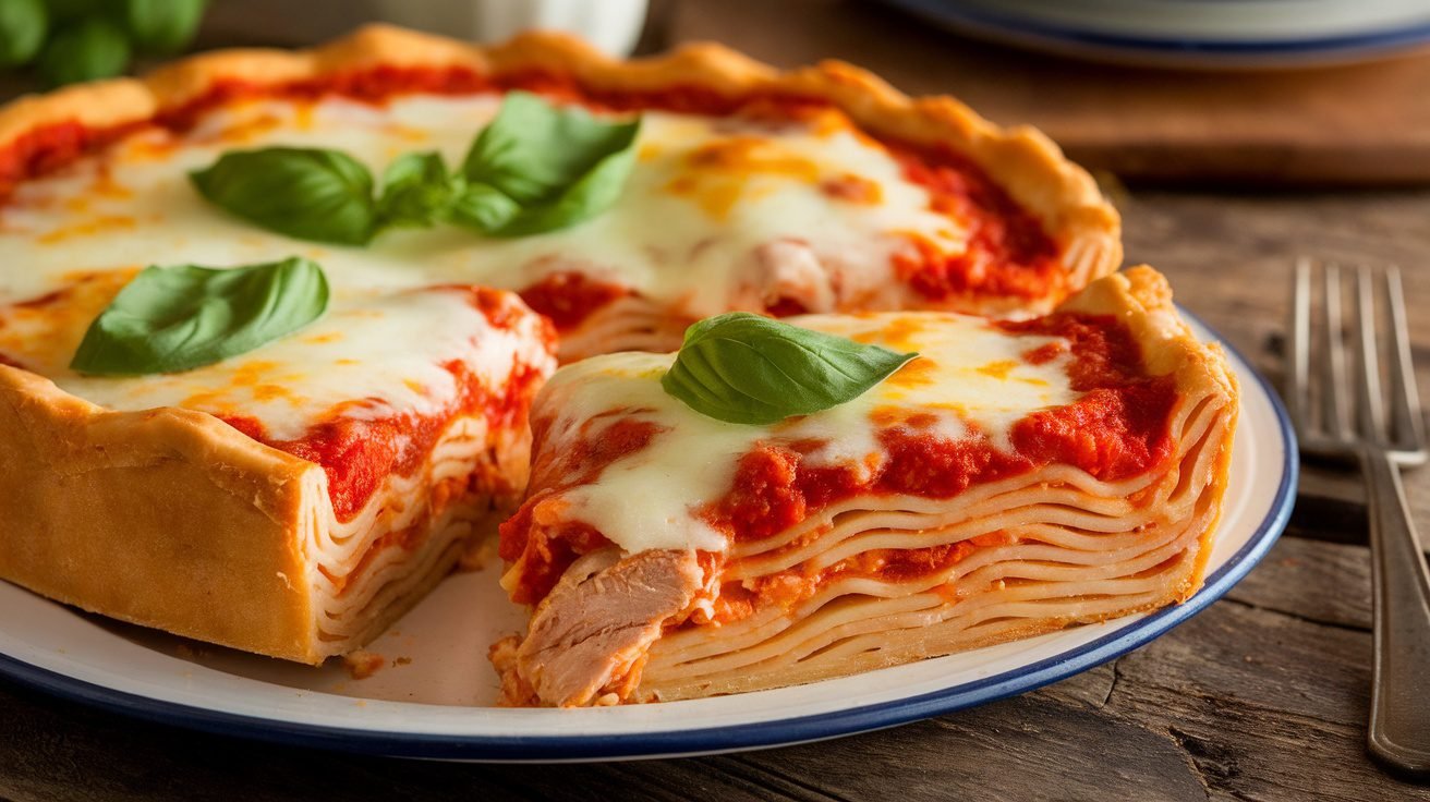 A delicious Chicken Parmesan Pasta Pie with layers of pasta, chicken, marinara sauce, and melted cheese, garnished with basil.