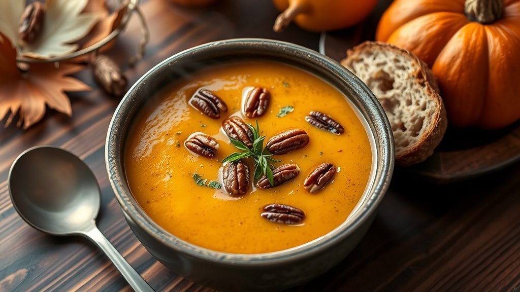 Savory Roasted Pumpkin and Pecan Soup A bowl of roasted pumpkin and pecan soup garnished with pecans and herbs, with a rustic setting.