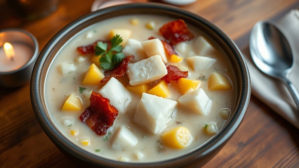 Delicious Alaskan Halibut Chowder Recipe A bowl of creamy Alaskan Halibut Chowder with halibut, potatoes, and corn, garnished with bacon and parsley.