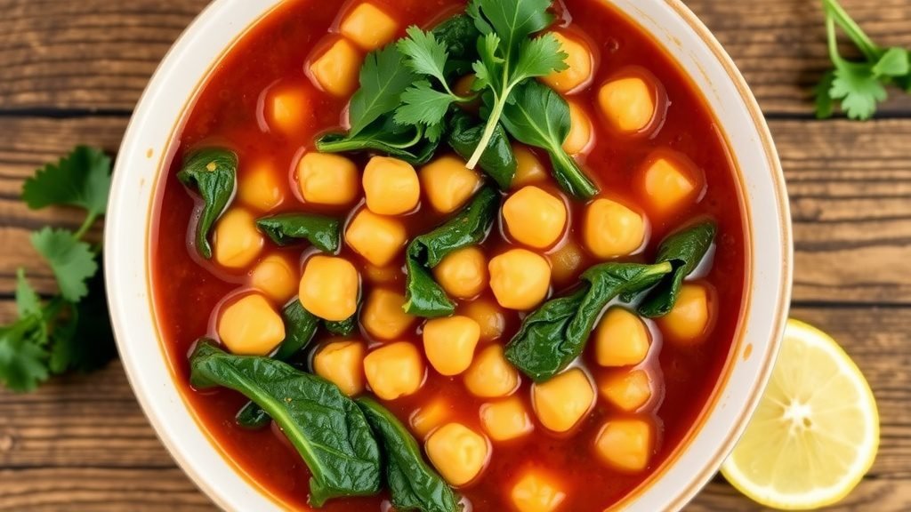 Hearty Chickpea and Swiss Chard Stew Recipe A bowl of chickpea and Swiss chard stew with fresh herbs and lemon, served on a rustic table.