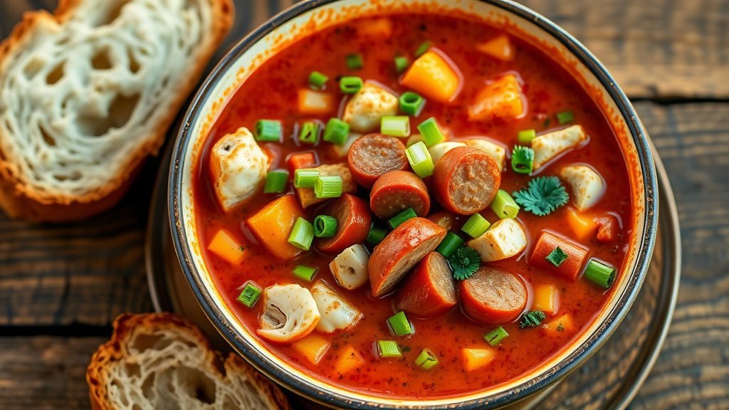 Spicy Cajun Crab and Sausage Soup Recipe A bowl of spicy Cajun crab and sausage soup garnished with green onions and parsley, on a rustic table with crusty bread.