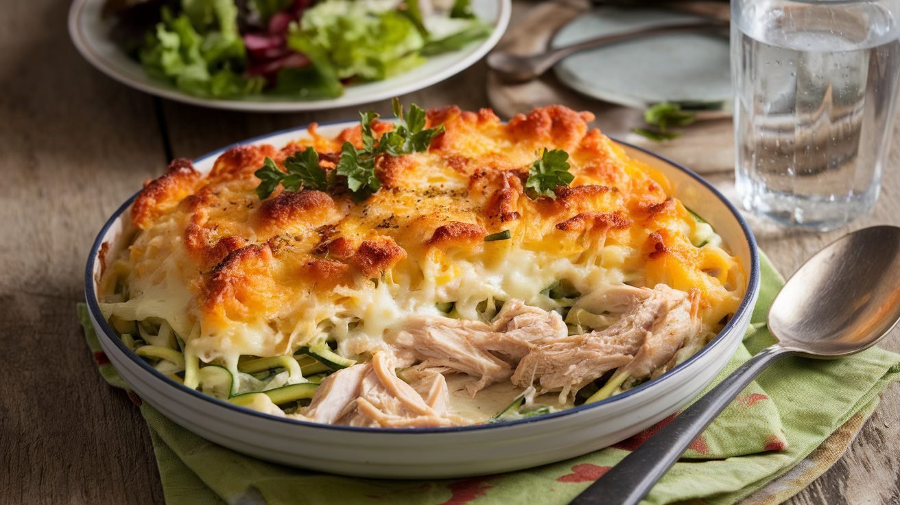A warm Chicken Alfredo Zoodle Bake with melted cheese on top, served in a rustic dish, surrounded by a salad and sparkling water.