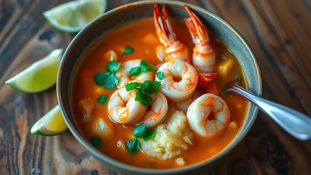Delicious Brazilian Shrimp Stew (Bobó de Camarão) Recipe A bowl of Brazilian Shrimp Stew (Bobó de Camarão) with shrimp and cassava, garnished with cilantro, served with lime wedges on a wooden table.