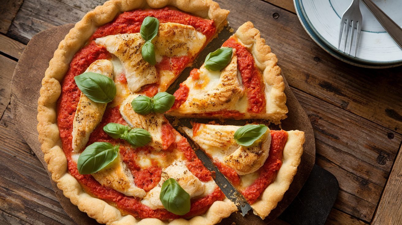 A golden Chicken and Tomato Pesto Tart with fresh basil, served on a rustic wooden table.