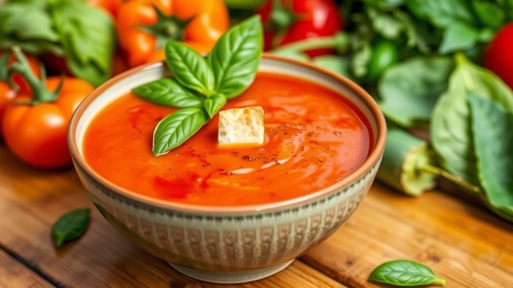 Refreshing Tomato and Red Pepper Chilled Soup A bright bowl of chilled tomato and red pepper soup with basil, served with croutons on a rustic table.
