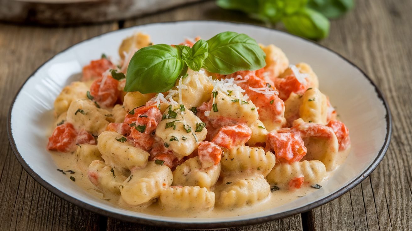 Chicken and Tomato Parmesan Gnocchi with fresh basil and parmesan, served on a rustic table.