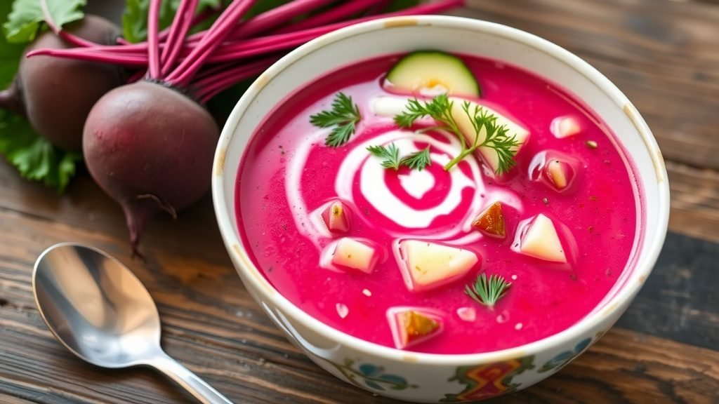 Refreshing Cold Beet Borscht Recipe Cold Beet Borscht in a bowl, garnished with sour cream and dill, with beets in the background.