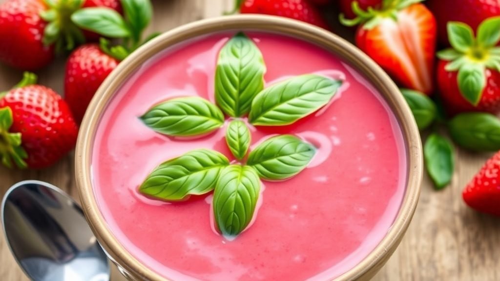 Refreshing Strawberry and Basil Chilled Soup Recipe Chilled strawberry soup in a bowl, garnished with basil, surrounded by fresh strawberries.
