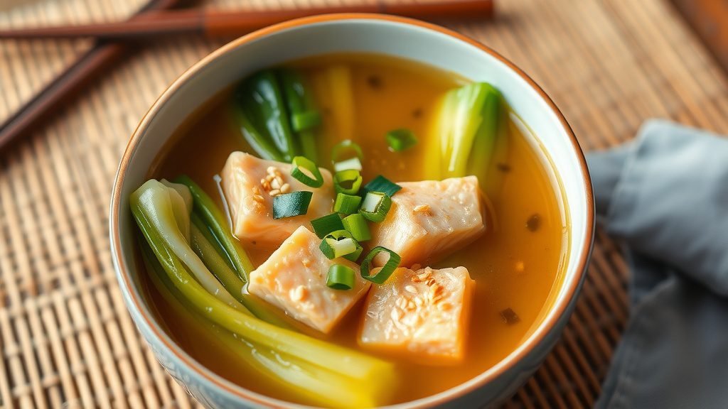 Delicious Japanese Salmon and Miso Soup Recipe Japanese Salmon and Miso Soup with salmon, bok choy, and green onions in a bowl, served with chopsticks.