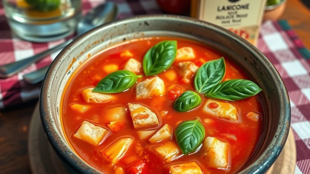 Classic Italian Pappa al Pomodoro Recipe A rustic bowl of Pappa al Pomodoro soup with tomatoes and bread, garnished with basil, set on a wooden table.