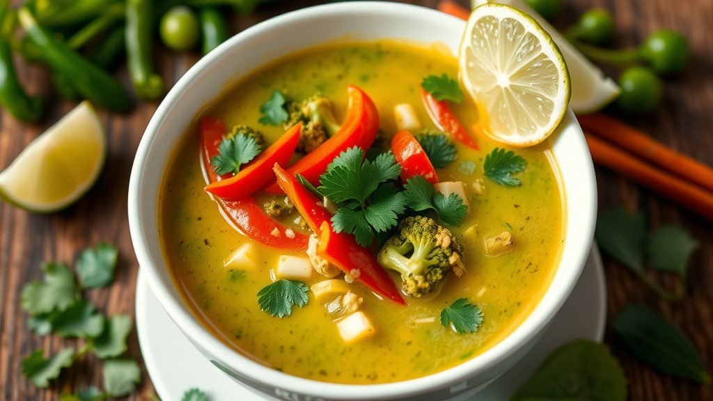Delicious Thai Green Curry Soup Recipe A bowl of Thai Green Curry Soup with coconut milk, colorful vegetables, cilantro garnish, and lime wedges, set on a wooden table.