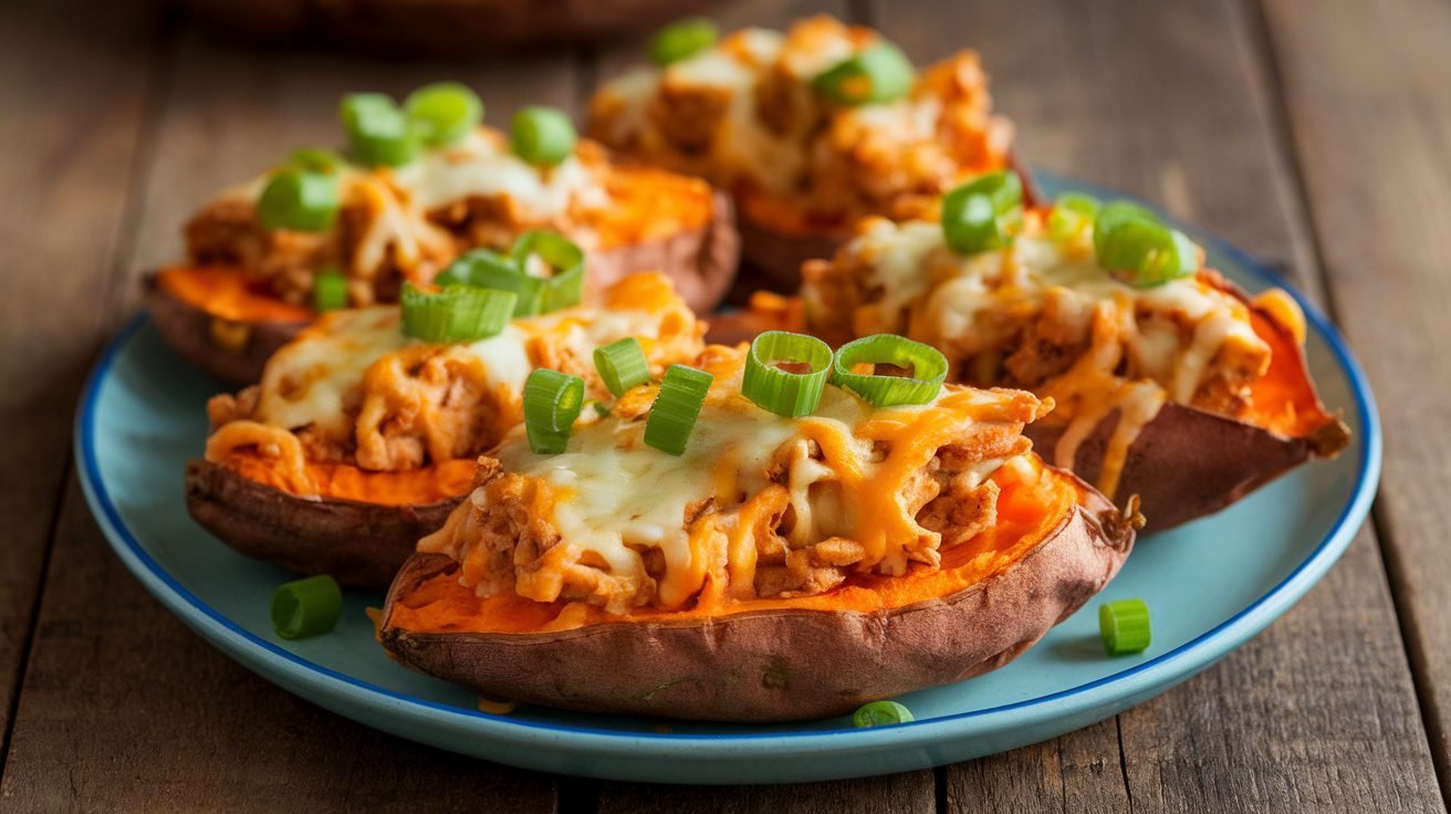 Chicken stuffed sweet potato skins topped with cheese and green onions on a rustic plate.