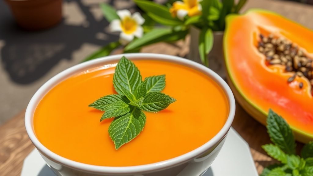 Refreshing Tropical Papaya and Honeydew Soup A refreshing bowl of Tropical Papaya and Honeydew Soup garnished with mint leaves, surrounded by a bright outdoor setting.