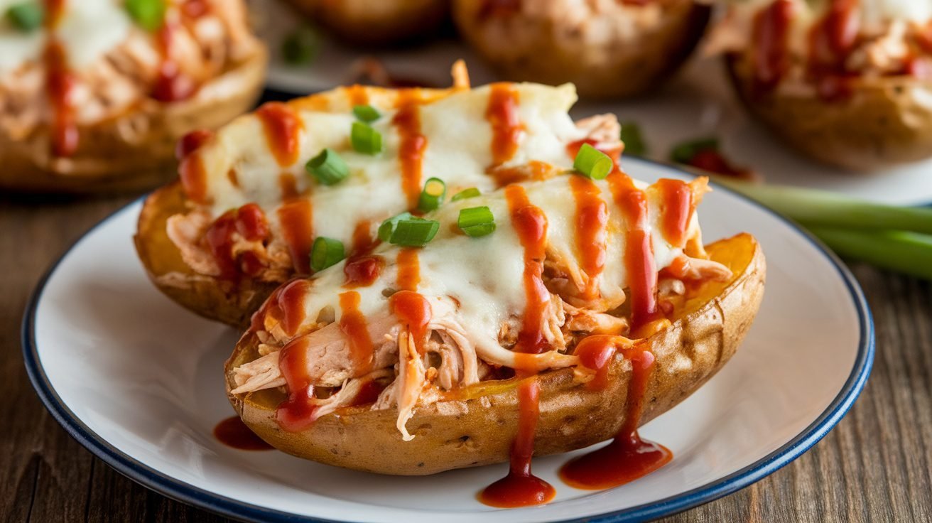 BBQ Chicken Ranch Potato Skins topped with cheese and green onions.