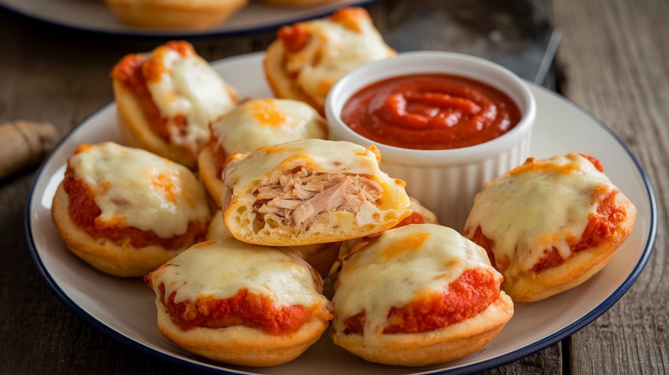 Golden Chicken Alfredo Pizza Dippers served with marinara sauce on a rustic wooden table.