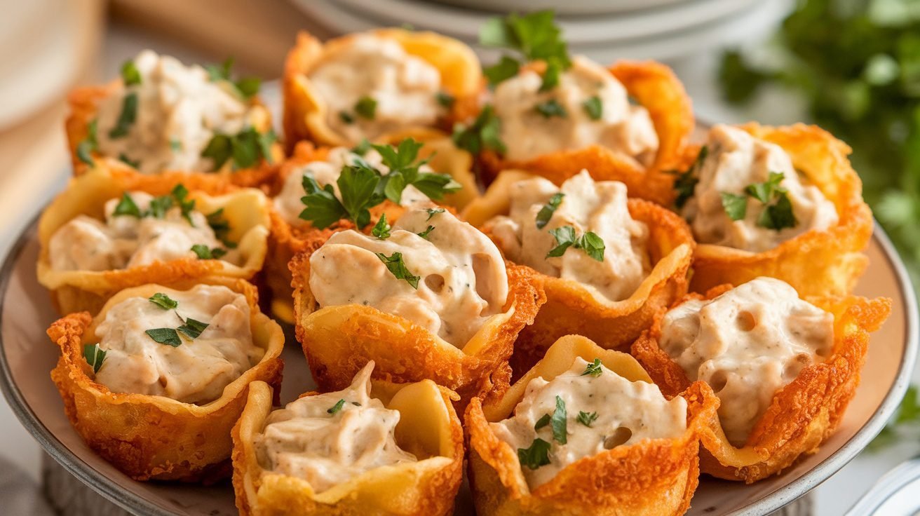 Crispy Chicken Alfredo Tortellini Cups filled with creamy filling on a platter, garnished with parsley.
