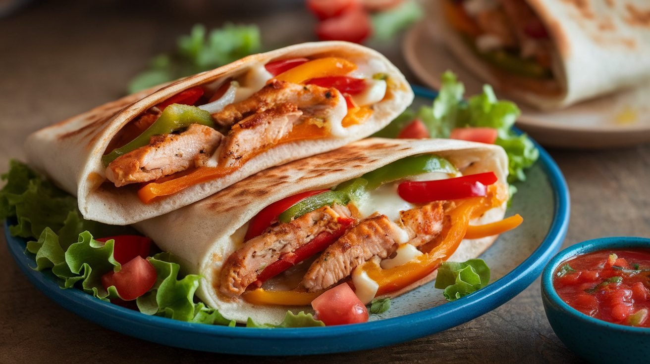 Chicken Fajita Pita Pockets filled with chicken, bell peppers, and onions, on a kitchen table with salsa.