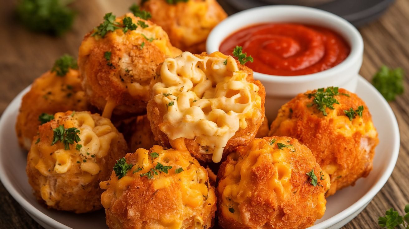 Crispy chicken mac and cheese bombs on a plate, garnished with parsley and served with marinara sauce.