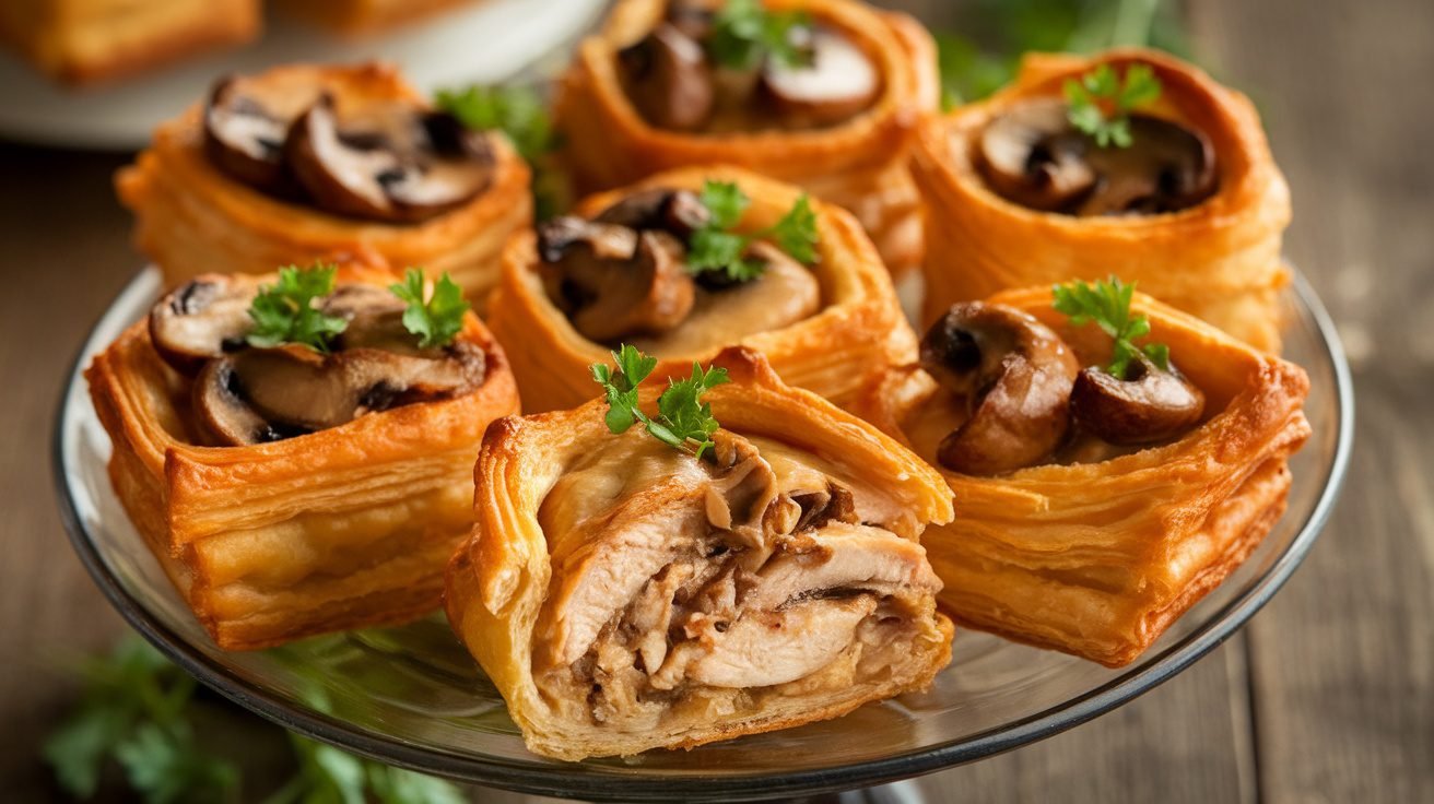 Golden Chicken Marsala Puff Pastry Bites garnished with parsley on a rustic wooden table.