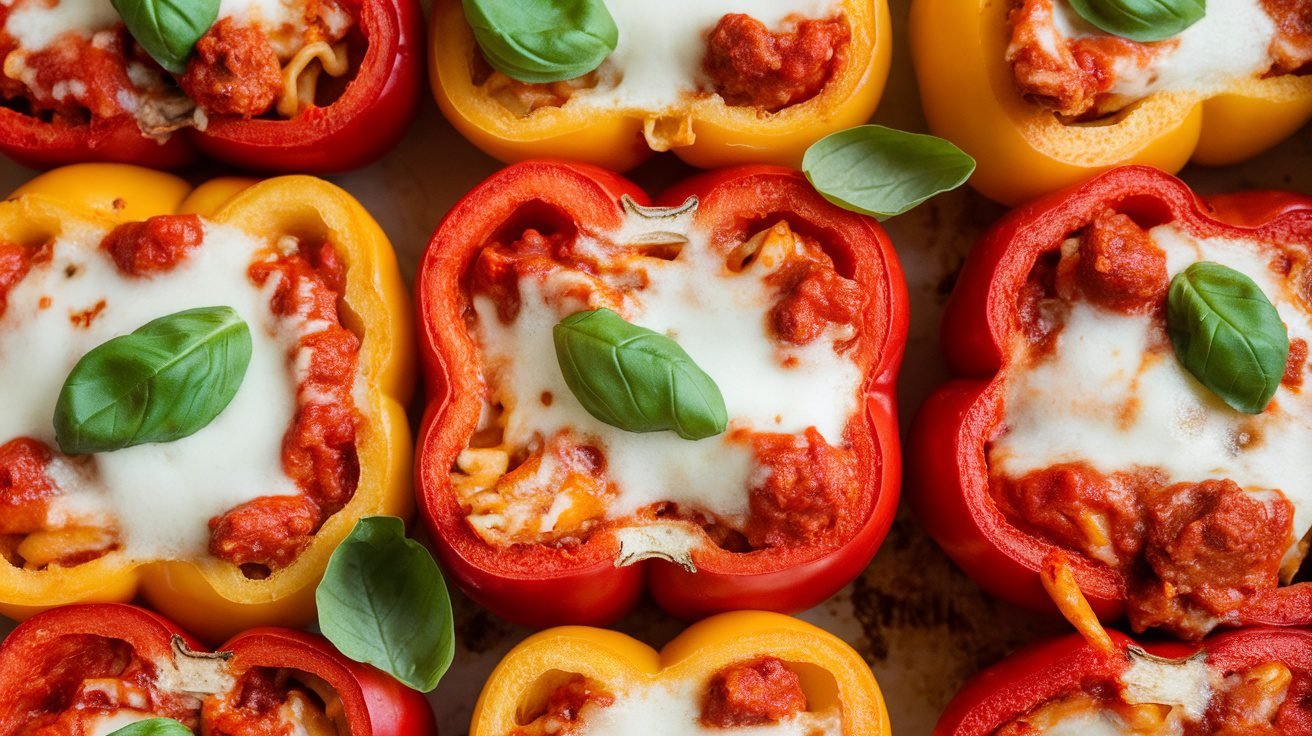 Baked Chicken Parm Pasta-Stuffed Peppers filled with chicken, pasta, and cheese, garnished with basil on a rustic kitchen table.