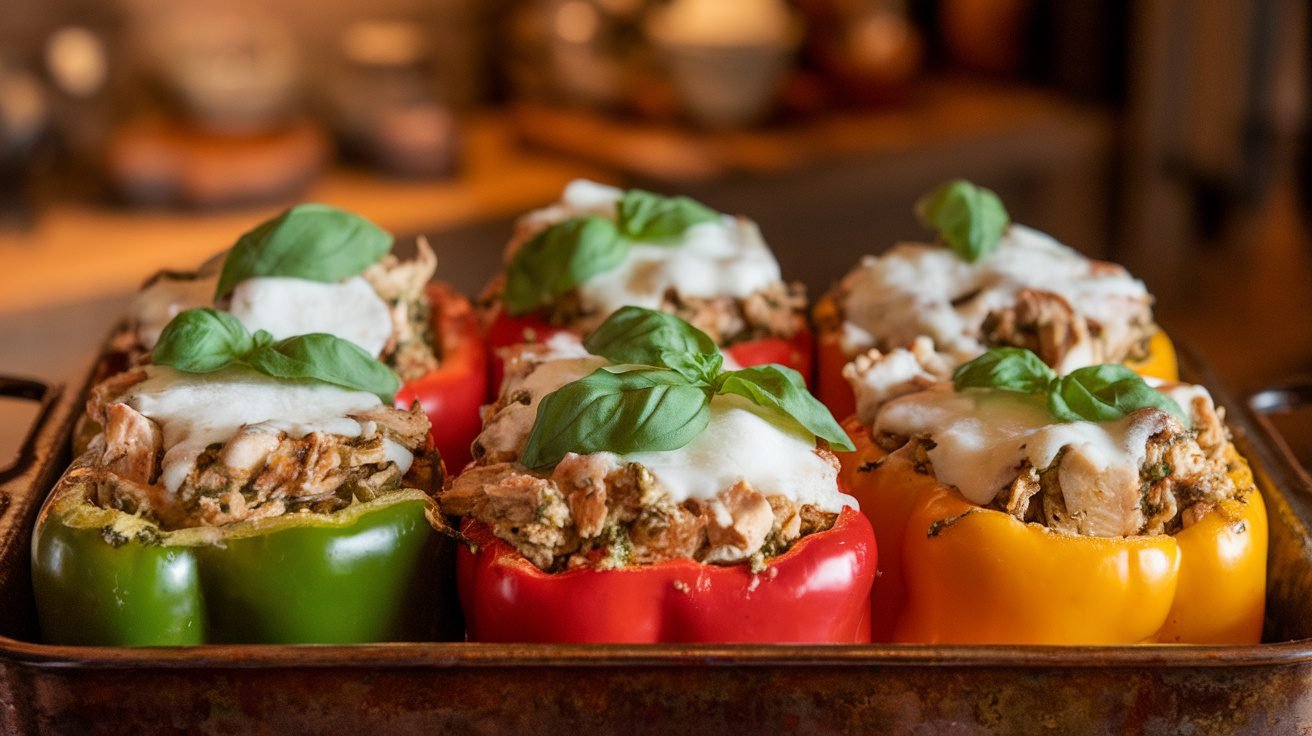 Stuffed bell peppers filled with chicken, pesto, and cheese, garnished with basil, in a baking dish.