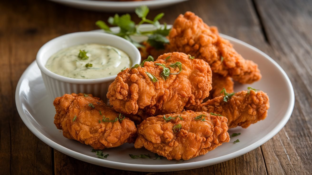 Crispy chicken tenders with jalapeño ranch dipping sauce on a rustic wooden table.