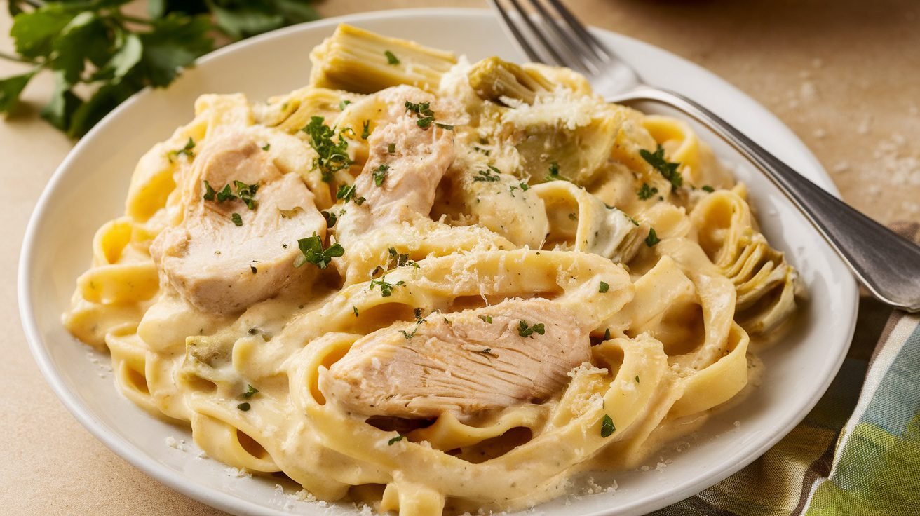 Creamy Chicken and Artichoke Alfredo Pasta topped with parsley and Parmesan, served on a white plate with a fork.