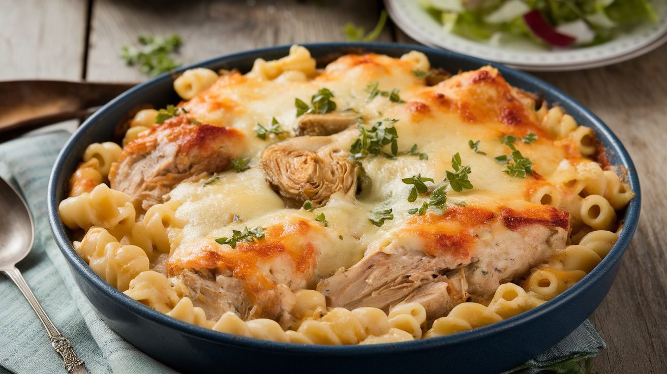 Baked pasta with chicken and artichokes, topped with melted cheese and garnished with parsley.