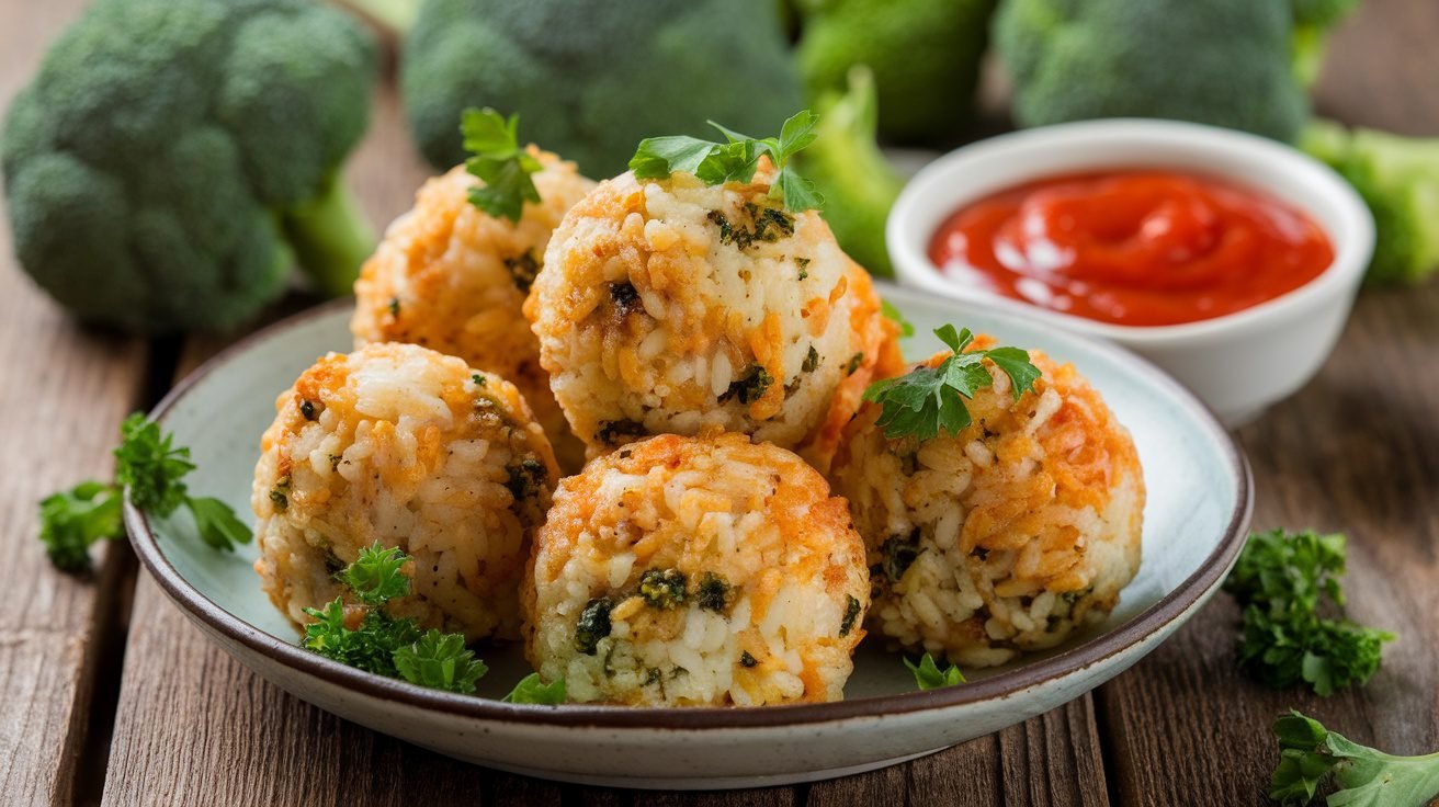 Crispy Chicken and Broccoli Rice Balls on a plate with marinara sauce and fresh parsley.