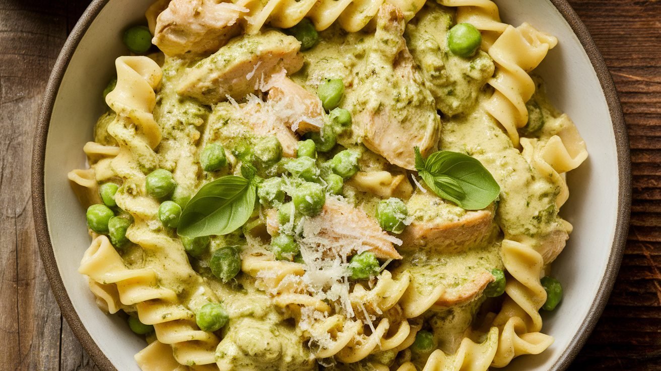 Creamy chicken and pea pesto pasta served in a bowl, garnished with Parmesan and basil.