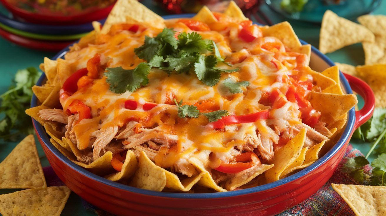 A bubbling cheesy chicken and sweet pepper nacho bake in a casserole dish, garnished with cilantro, served with tortilla chips.