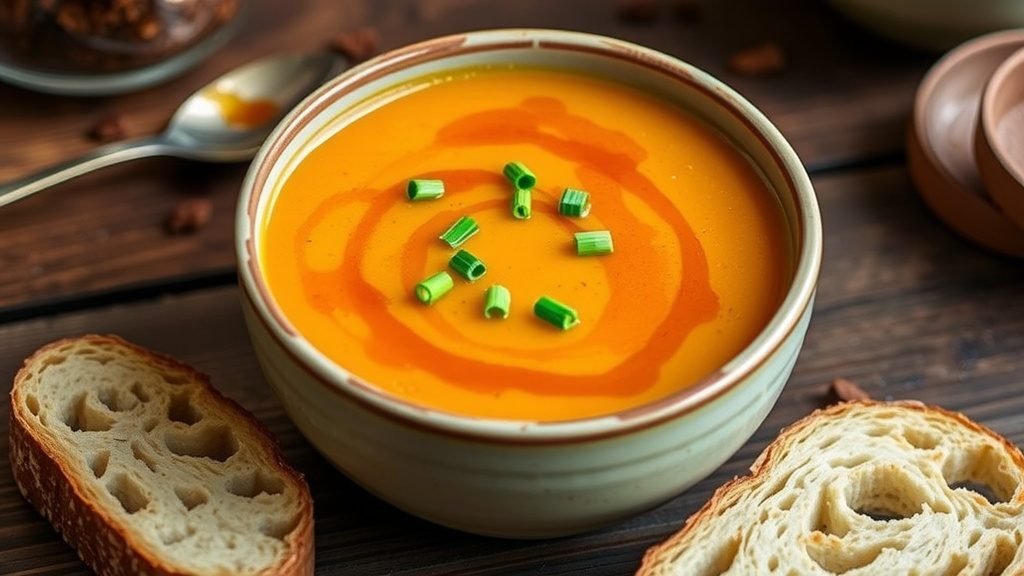 Savory Sweet Potato and Maple Soup Recipe A bowl of creamy sweet potato soup garnished with chives, set on a rustic table beside a slice of bread.