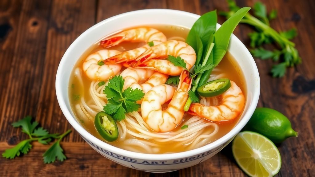 Authentic Vietnamese Shrimp Pho Recipe A bowl of Vietnamese Shrimp Pho with shrimp, rice noodles, herbs, and lime, served on a wooden table.