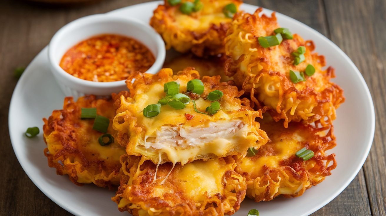 Crispy chicken and cheese ramen fritters on a plate with green onions and dipping sauce.