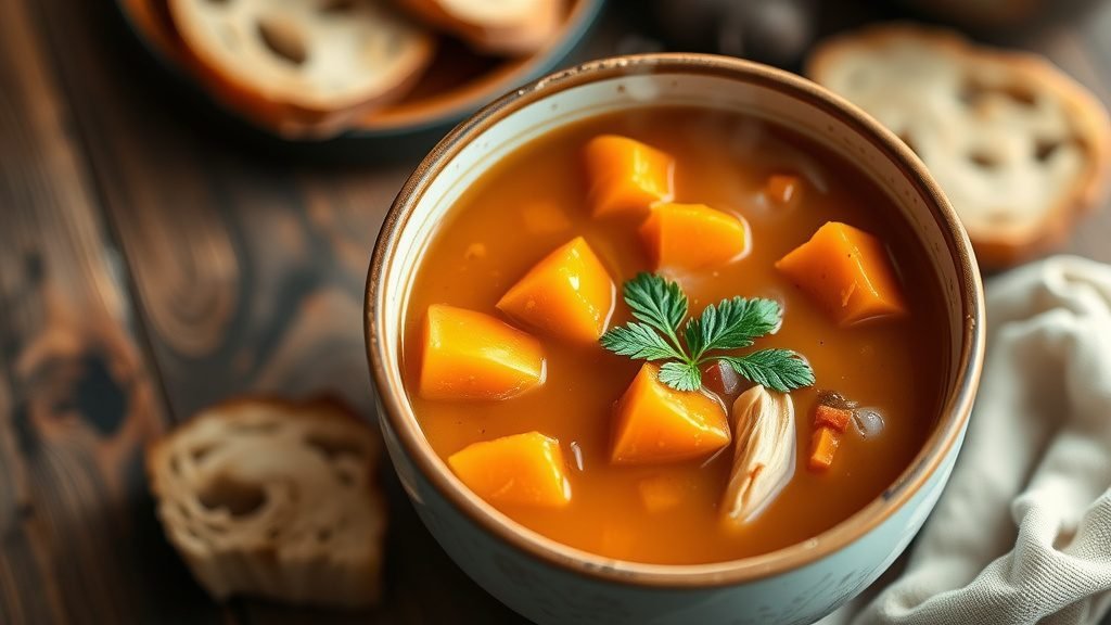 A bowl of Maple Turkey and Sweet Potato Soup with sweet potatoes and turkey, garnished with parsley, on a rustic table with bread.