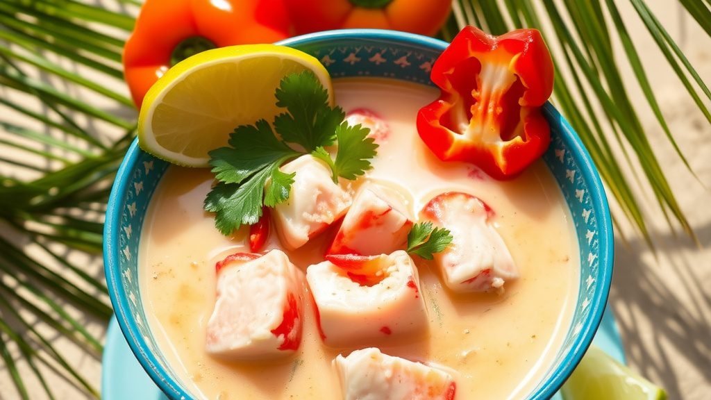 A bowl of Caribbean Lobster Coconut Soup with lobster meat, garnished with cilantro and lime, set against a tropical backdrop.