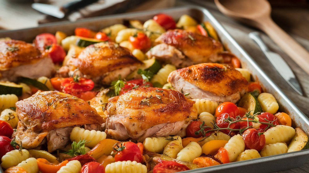 One-Pan Chicken and Gnocchi Bake featuring roasted chicken, gnocchi, and vegetables on a sheet pan.
