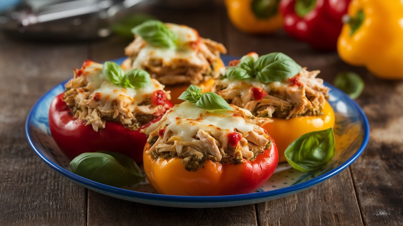 A close-up of stuffed bell peppers filled with chicken, pesto, and cheese, garnished with basil.