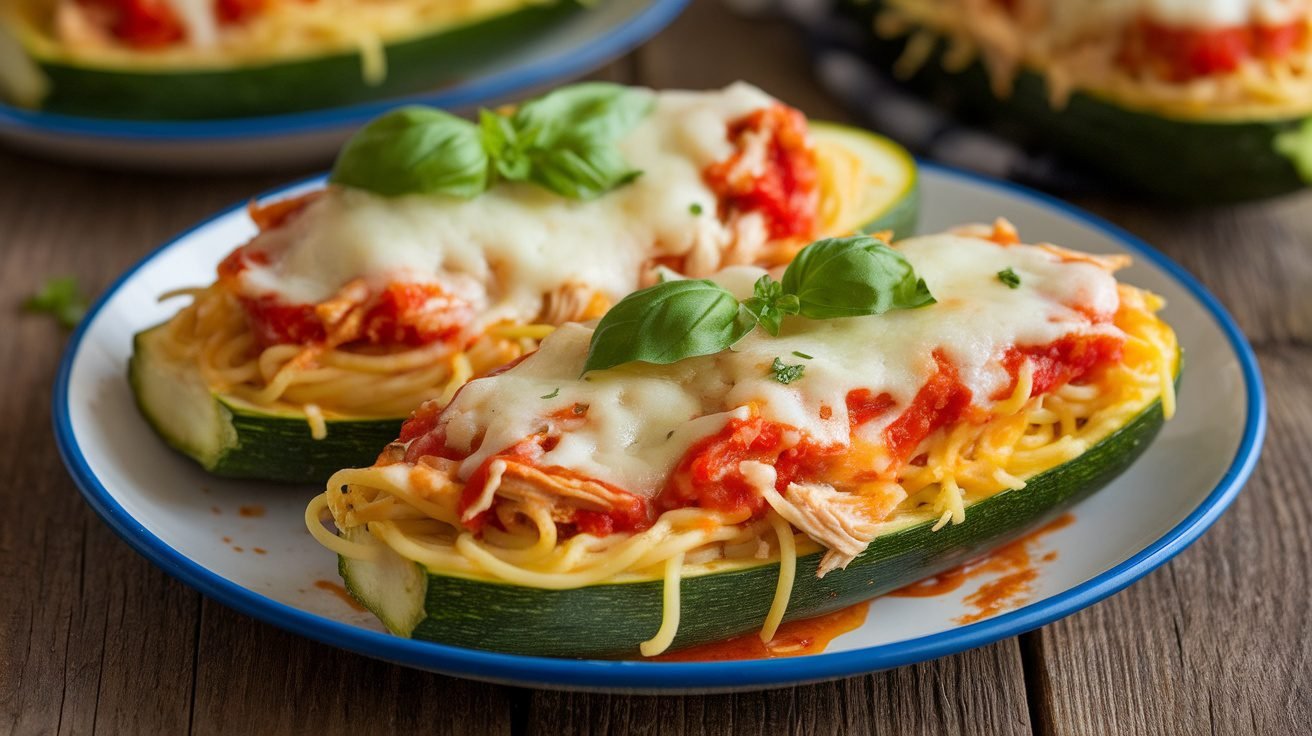 Zucchini boats filled with Chicken Parmesan spaghetti, topped with melted cheese and garnished with basil, on a rustic table.