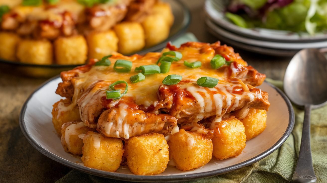 Chicken Teriyaki Tater Tot Bake with crispy tater tots and melted cheese, garnished with green onions.