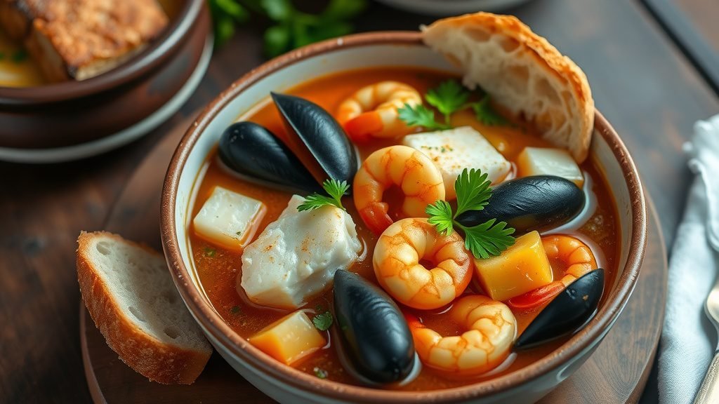 Authentic French Bouillabaisse Seafood Stew Recipe A bowl of Bouillabaisse seafood stew with fish, shrimp, and mussels in saffron broth, garnished with parsley, on a rustic table with bread.