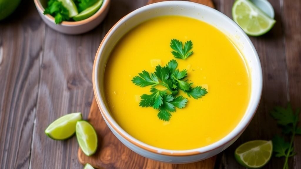 Creamy Sweet Corn and Coconut Soup Recipe A bowl of Sweet Corn and Coconut Soup garnished with cilantro and lime on a rustic table.